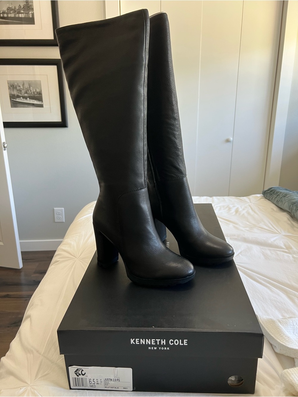 Kenneth Cole Black Leather Knee-High Block Heel Boots NWT